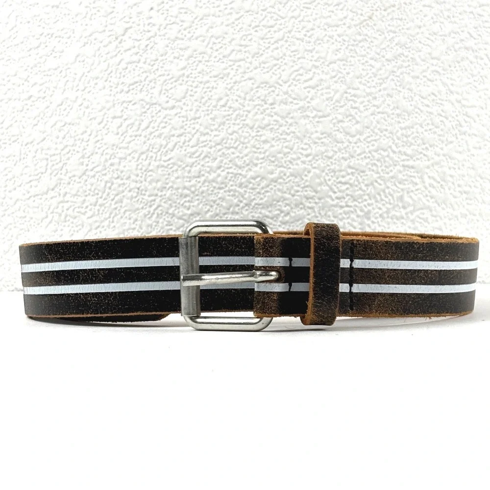 Gap‎ Leather Belt Womens Medium Brown White Stripe Made in Italy